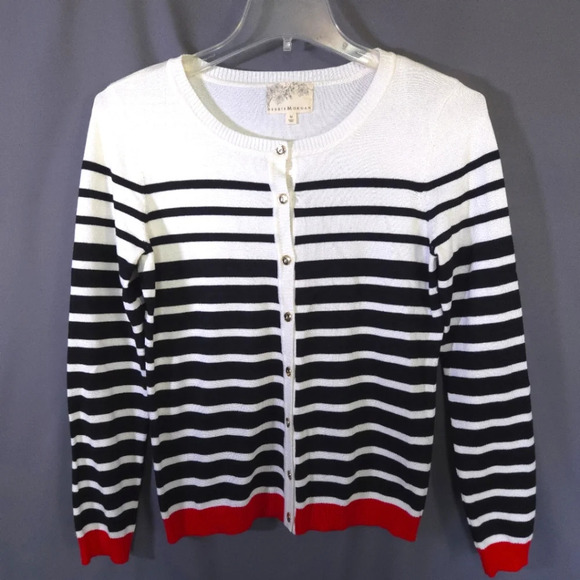 Debbie Morgan Cardigan Stripes Gold Button Size Medium Preppy Office Coastal - Picture 1 of 8